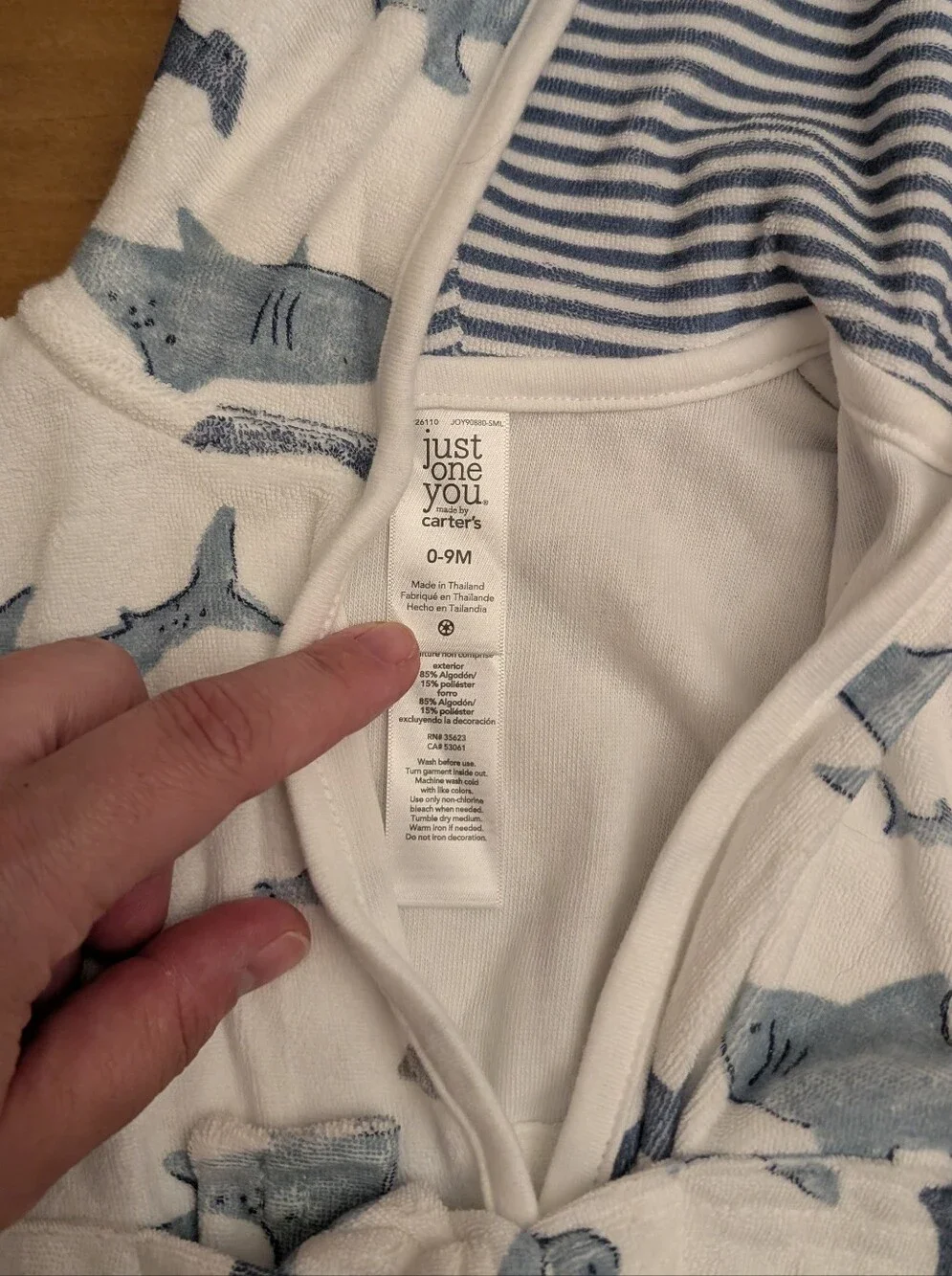 0-9 M Baby Hooded Bathrobe - Blue & White Shark Plush Robe w/ Tie Waist